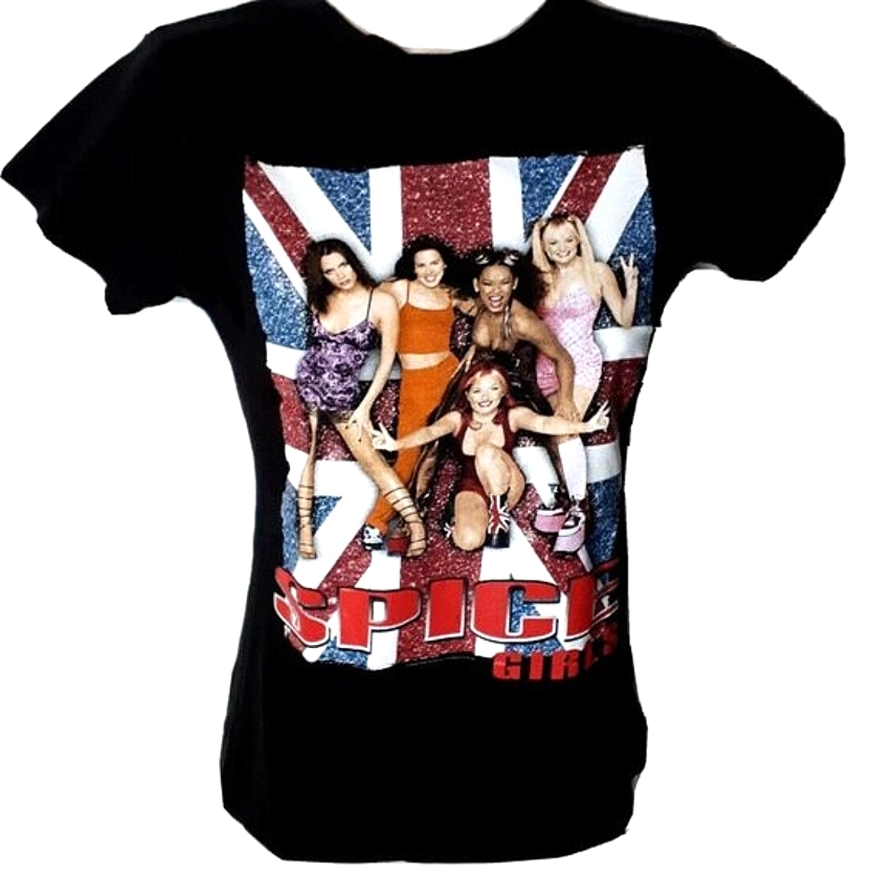 SPICE GIRLS Vintage 90s Y2K Black Women's Glitter Graphic T-Shirt Size Small